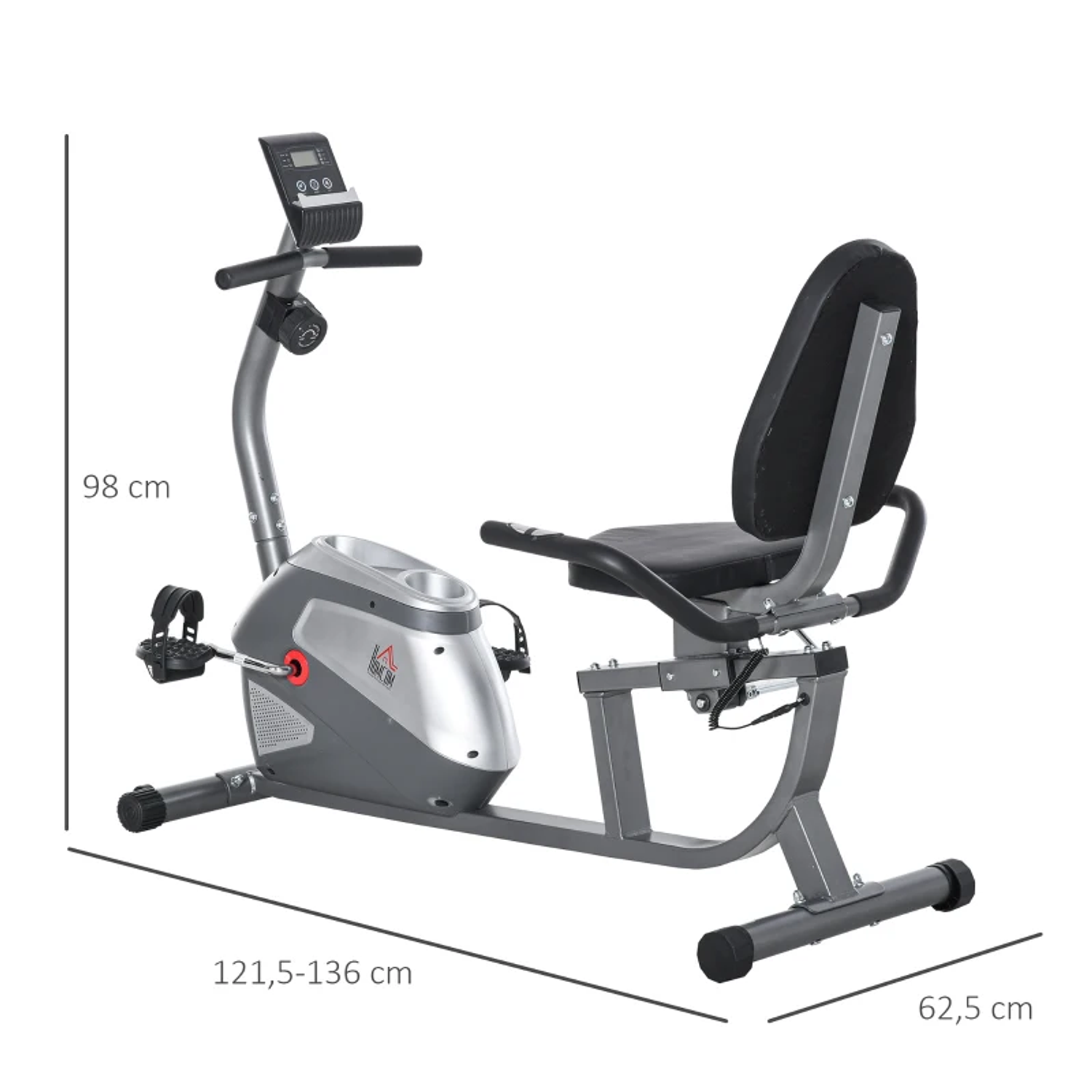 Bicicleta ergométrica reclinável com tela LCD e volante de 3 kg resistência magnética de 8 níveis assento ajustável 121,5-136x62,5x98 cm Cinza 2