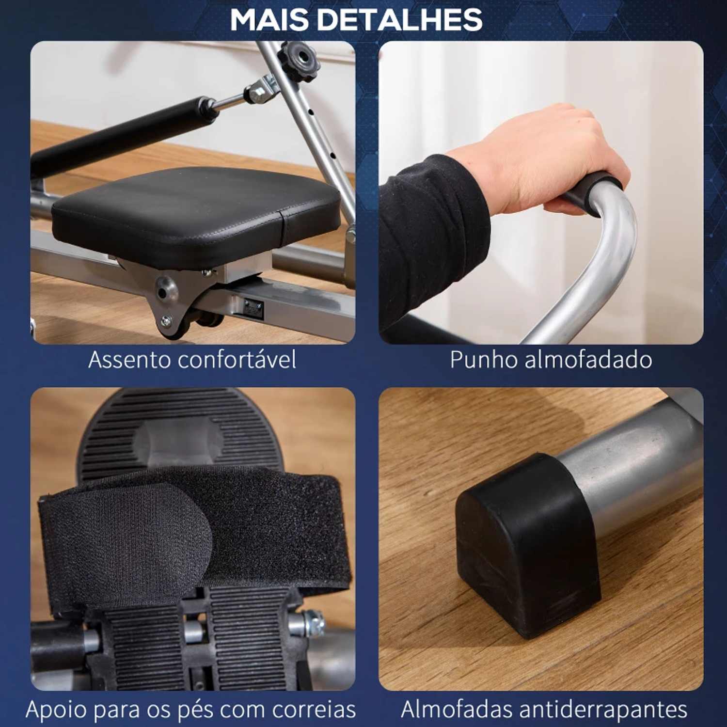 Máquina de Remo Hidráulico Dobrável com 4 Níveis de Resistência Ecrã Digital e Pedal Antiderrapante para Fitness em Casa Aço 129x70x70cm Preto e Prata 9