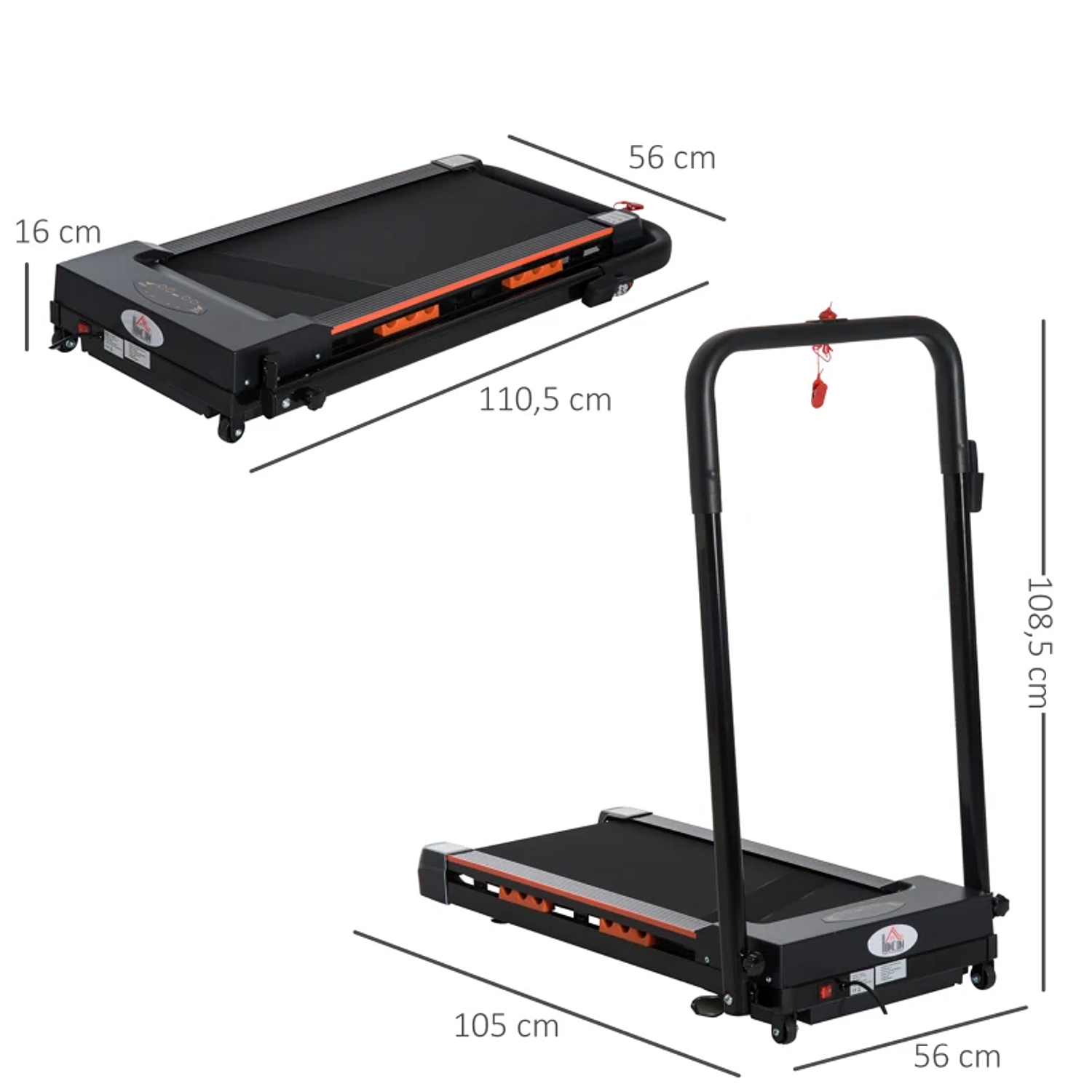 Passadeira Elétrica com Parada de Emergência Ecrã LCD Controlo Remoto Velocidade 1-6km/h Potência do Motor 500W 105x56x108,5cm 2