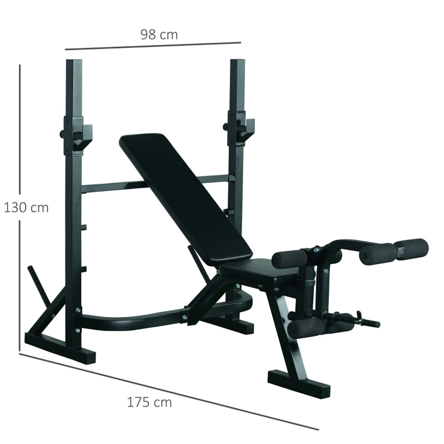 Características: - Suporte de barra ajustável em 3 níveis de altura 110 cm, 115 cm e 120 cm - Banco com regulagem em três níveis para posições de banco plano ou inclinado - Encosto ajustável em 3 posi 2