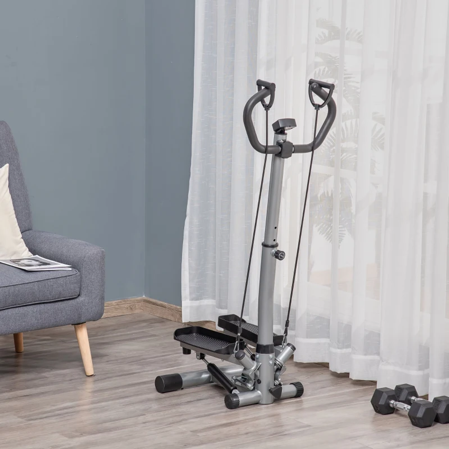 Máquina de Step Fitness com Guiador Ajustável em Altura Tela LCD Bandas Elásticas Pedais Antiderrapantes Equipamento de Exercício para Academia em Casa 55x53x118-128cm  6