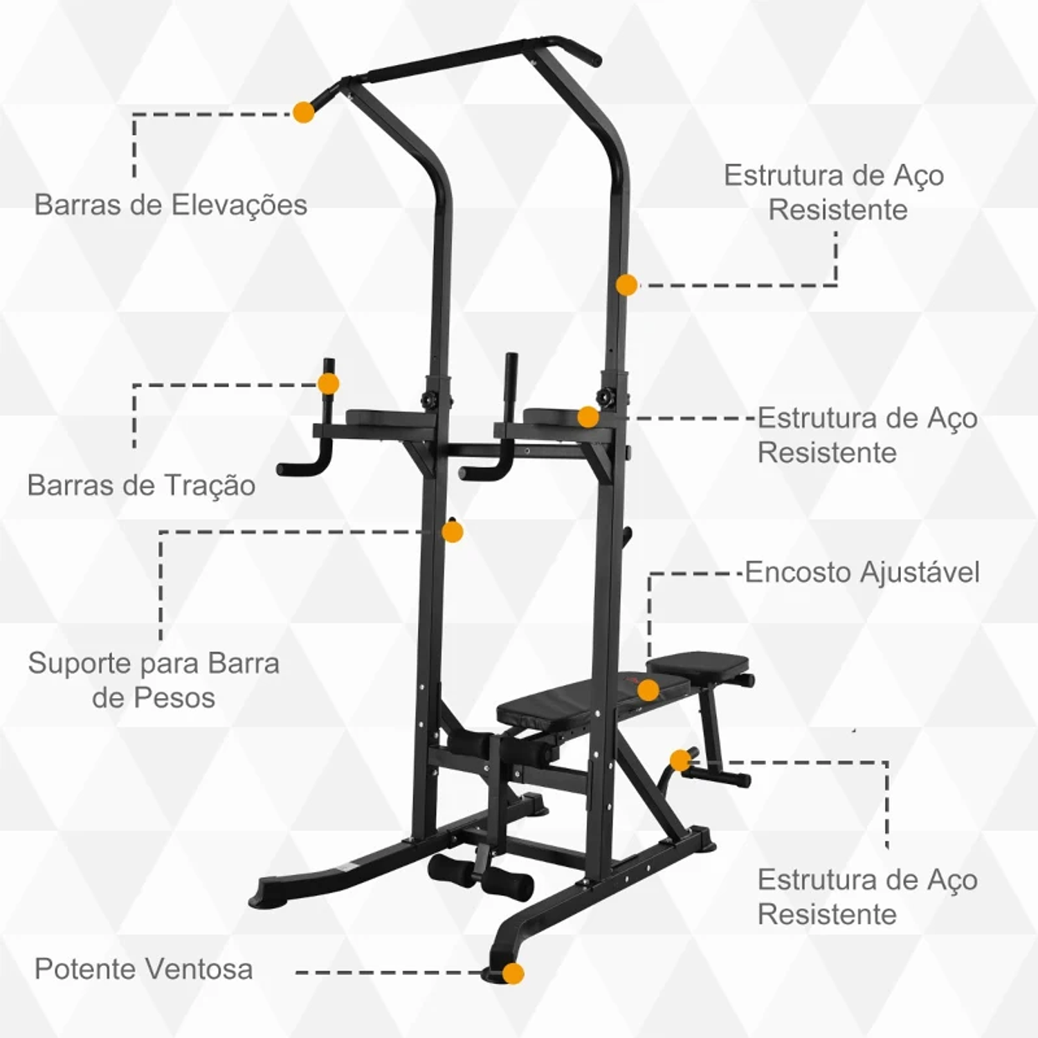 Estação de Musculação Torre de Treinamento Altura Ajustável com Barra de Flexões e Banco Dobrável para Fitness em Casa Academia Carga 150kg 99x178x230cm 9