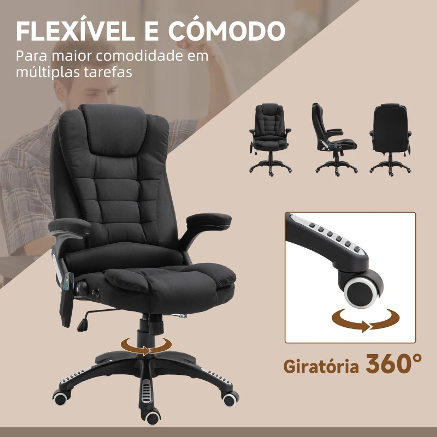 Cadeira de Escritório com 6 Pontos de Massagem Reclinável até 130° com Função de Aquecimento 68x72x110-120 cm 8