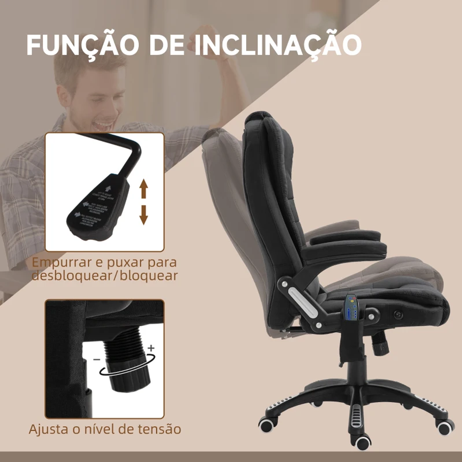 Cadeira de Escritório com 6 Pontos de Massagem Reclinável até 130° com Função de Aquecimento 68x72x110-120 cm 11