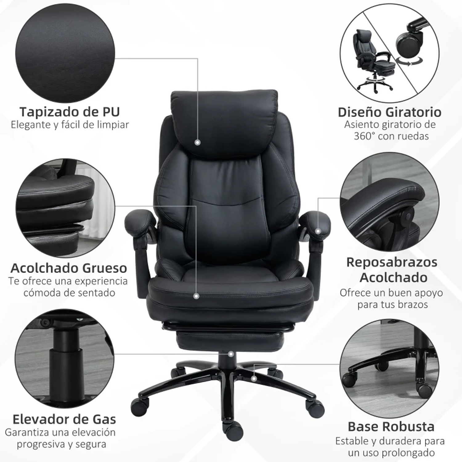 Cadeira de Escritório Ergonómica Cadeira de Escritório com Altura Ajustável com Encosto Inclinável em até 130° Função Basculante e Apoio para os Pés Retrátil Aço 73x66x112-118cm 5