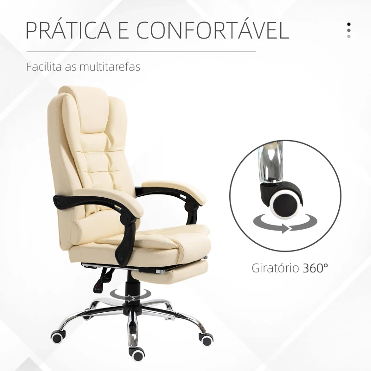 Cadeira de Escritório Reclinável Cadeira Executiva Giratória com Altura Ajustável Estofada em PU 64,5x69x109-117 cm Creme 7