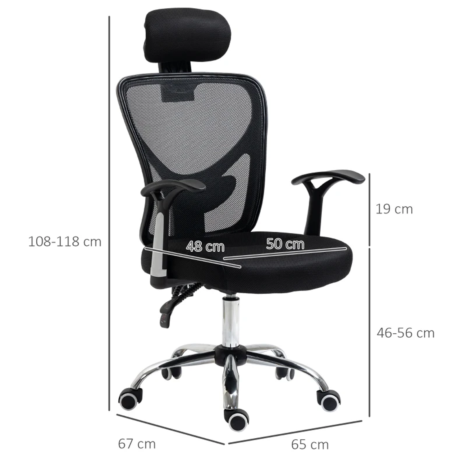 Cadeira de Escritório Ergonômica Cadeira de Escritório Giratória com Altura Ajustável Função Reclinável Apoio para a Cabeça e Suporte Lombar 65x67x108-118cm  3