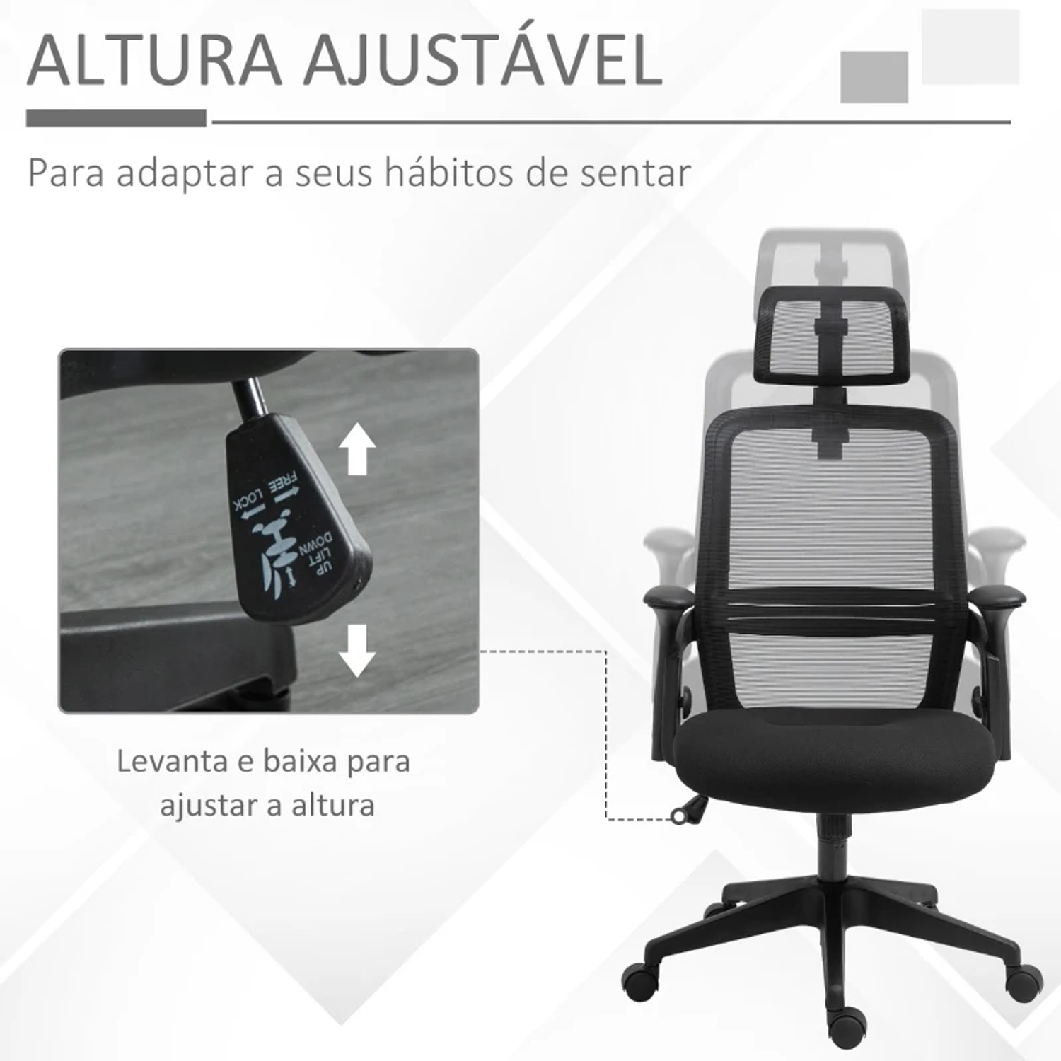 Cadeira de Escritório Ergonômica Giratória com Altura Ajustável Apoio para a Cabeça Suporte Lombar Reguláveis e Encosto Transpirável 63,5x64,5x113-122cm 5