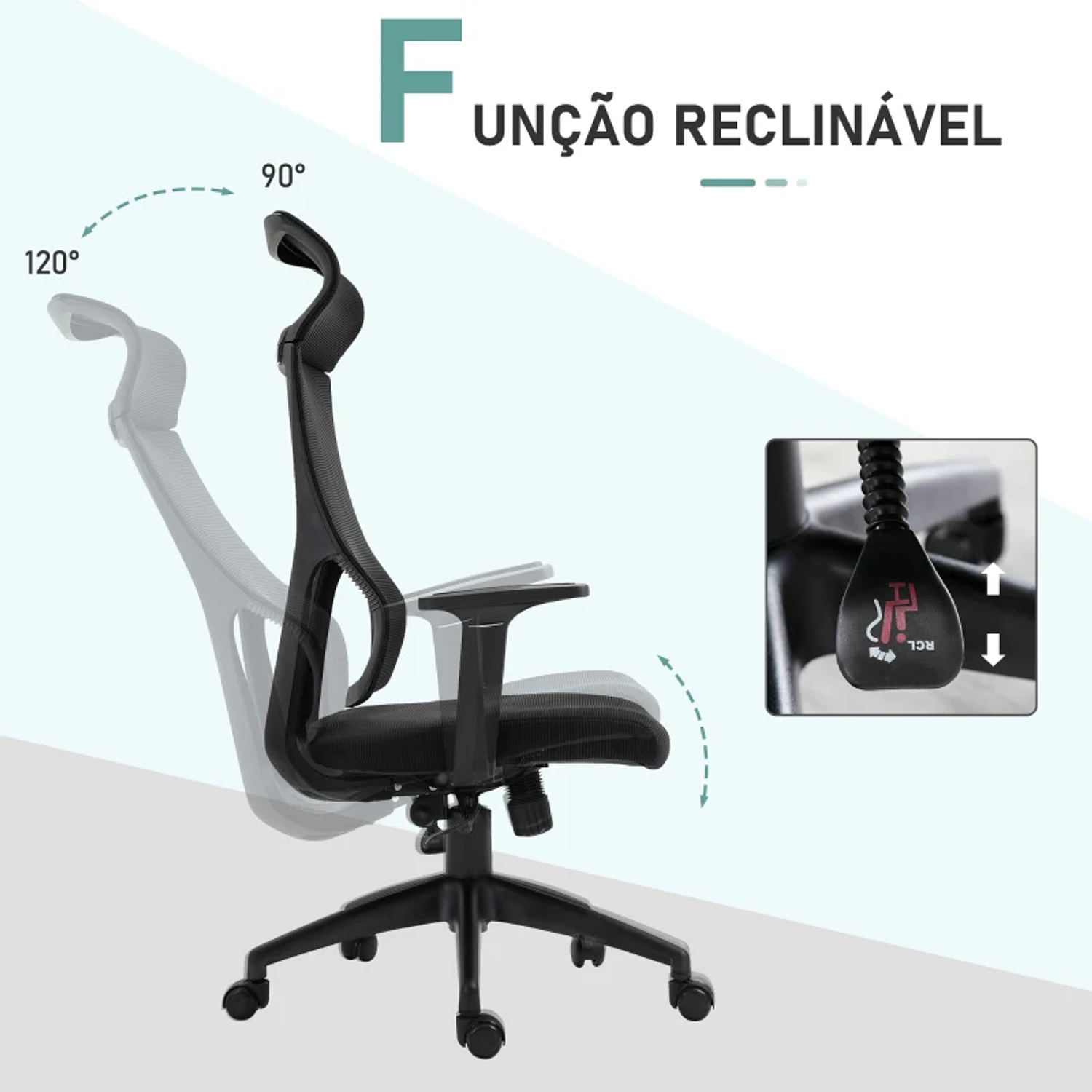 Cadeira ergonômica giratória altura ajustável e reclinável até 120º 64x61x120,9-128,9 cm 9