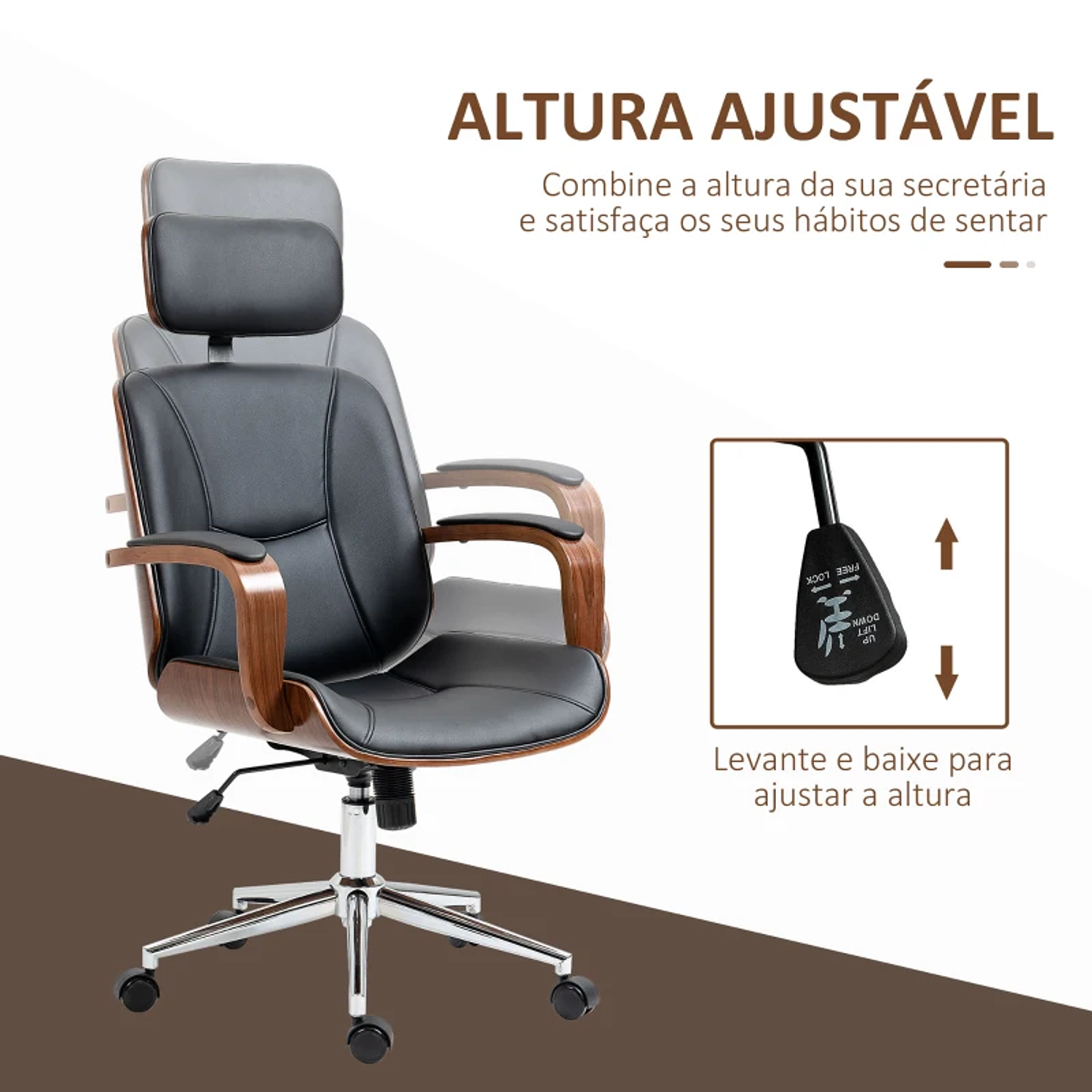 Cadeira de Escritório Operativa de Couro PU com Apoio para a Cabeça Amovível Altura Ajustável 63x62x110-120cm Preto e Madeira 9