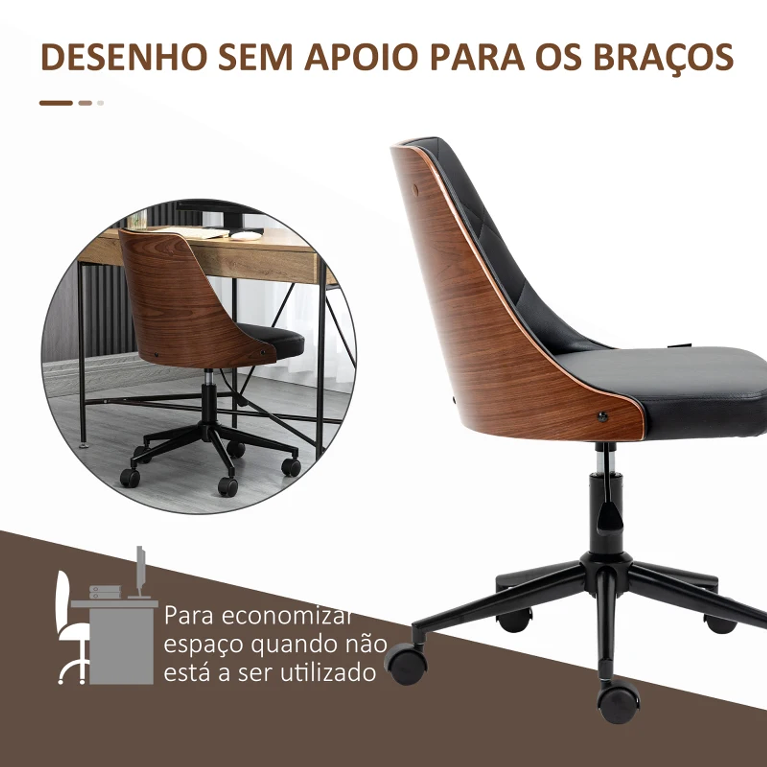 Cadeira de Escritório Operativa Estofada em Couro PU com Altura Ajustável Função Basculante 54x54,5x76-86cm Preto e Nogueira 10