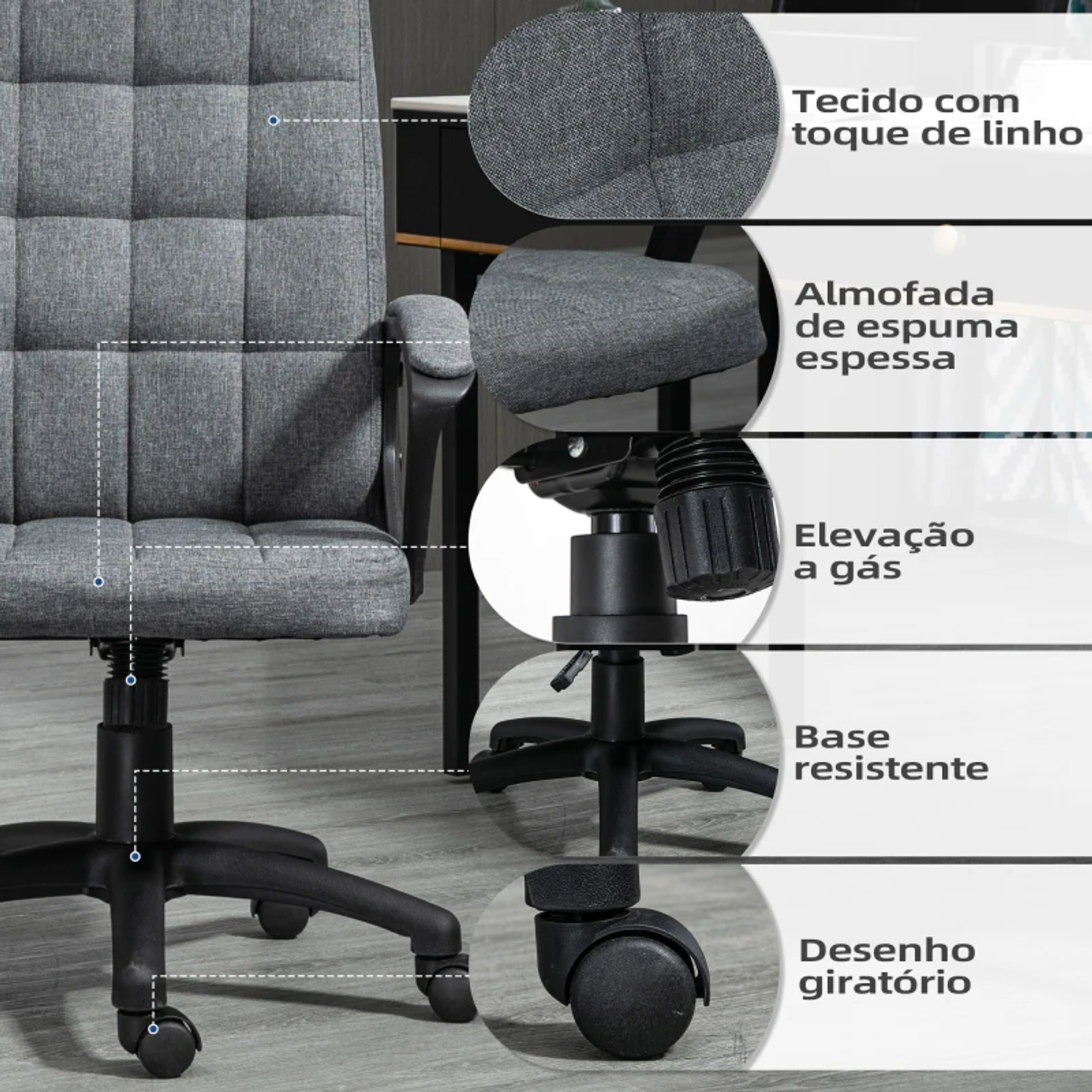 Cadeira de Escritório Operativa Giratória com Altura Ajustável e Apoio para os Braços Estilo Moderno 59x63x96-105,5 cm  6