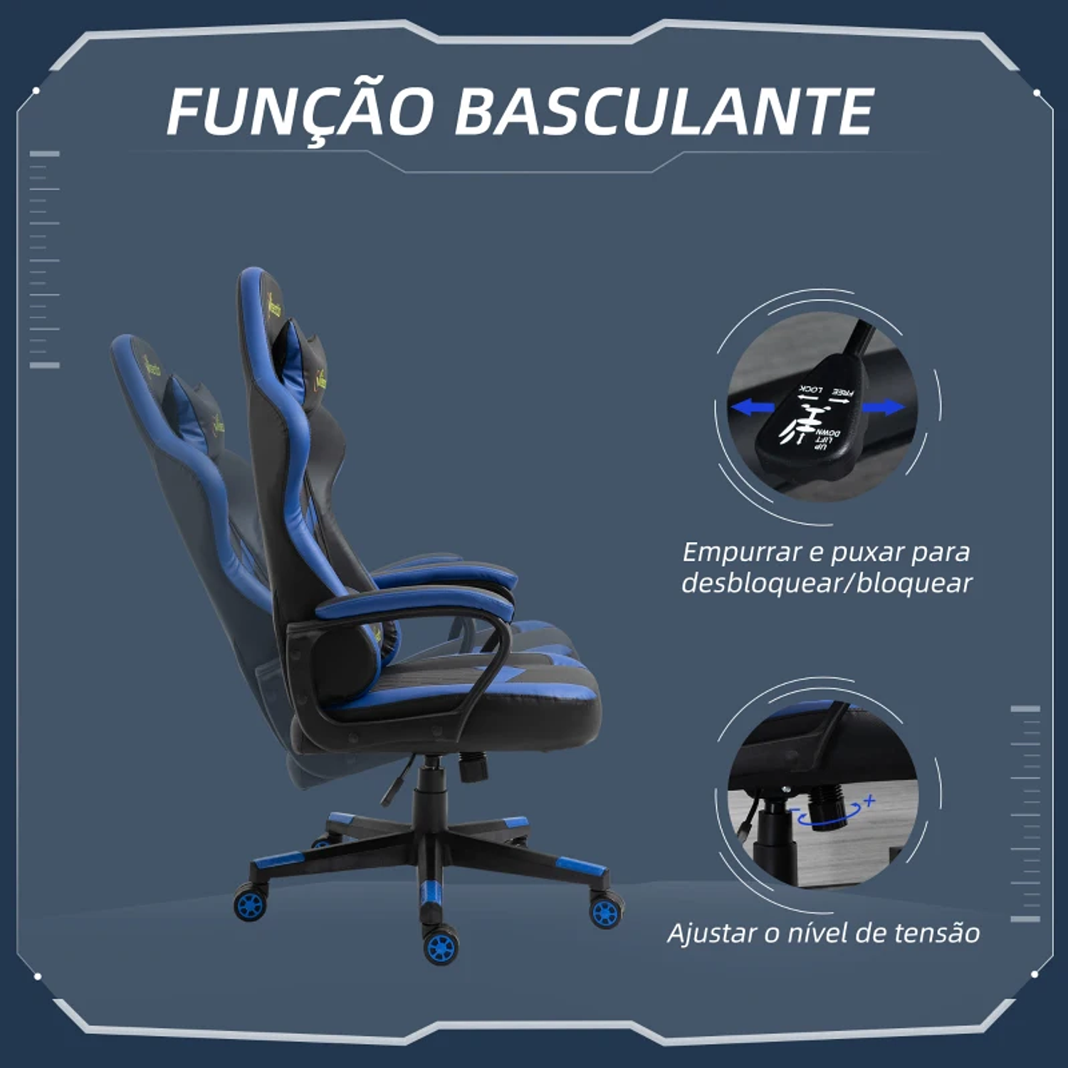 Cadeira Gaming com Altura Regulável Basculante Apoio de Cabeça e Almofada Lombar 61x70x121-129 cm  12