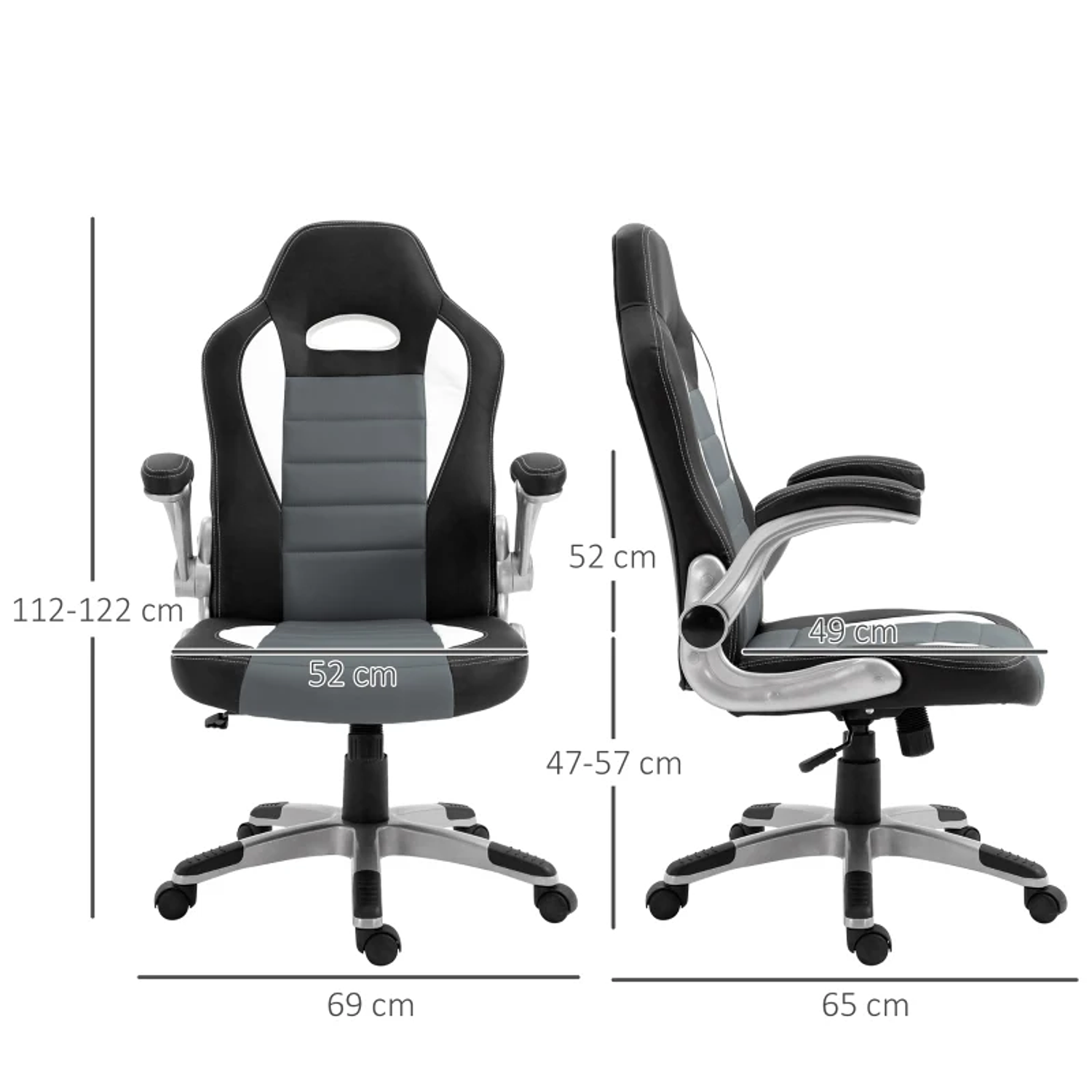 Cadeira de escritório ergonômica Altura ajustável apoio de Braço dobrável com 5 rodas Carga 120 kg 65x69x112-122 cm cinza 2