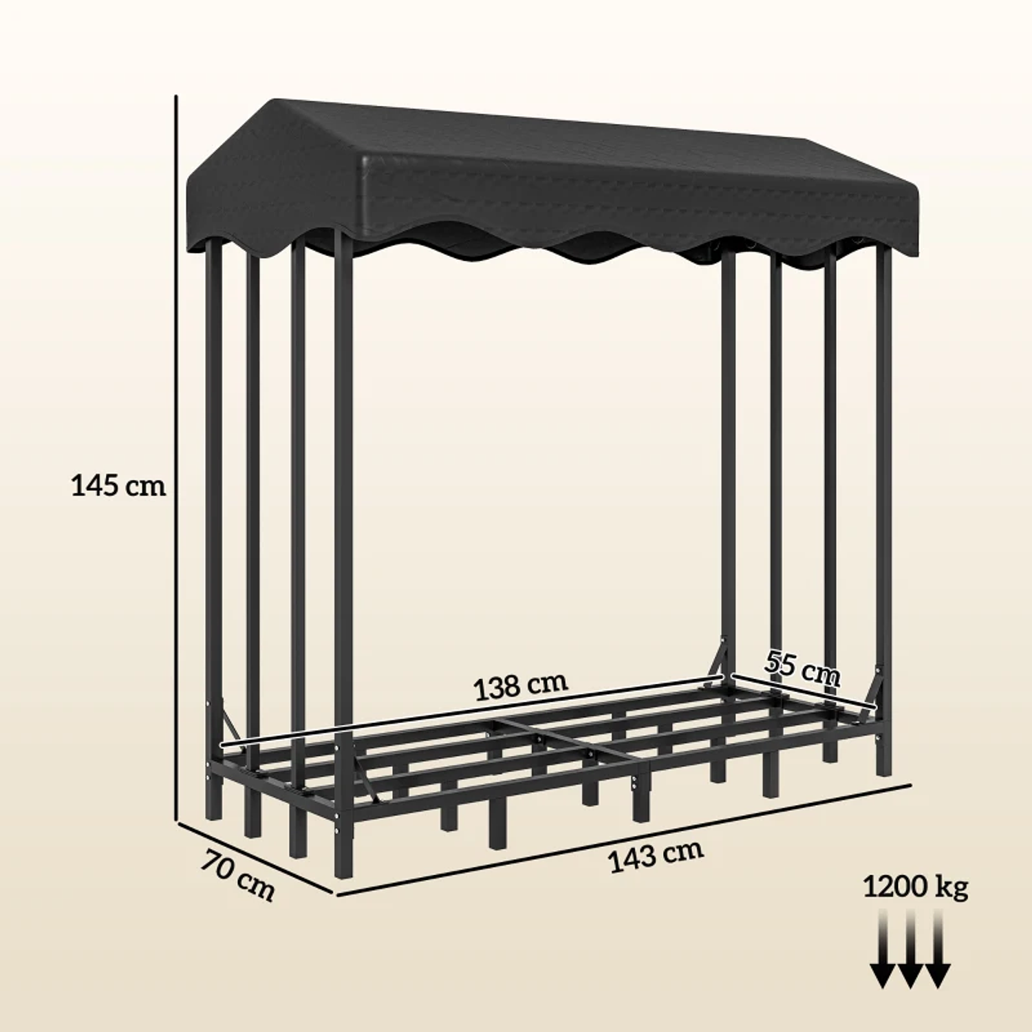 Suporte para Lenha com Cobertura Estante para Lenha de Metal com Estrutura Reforçada e Anéis de Bloqueio 143x70x145 cm Preto 2