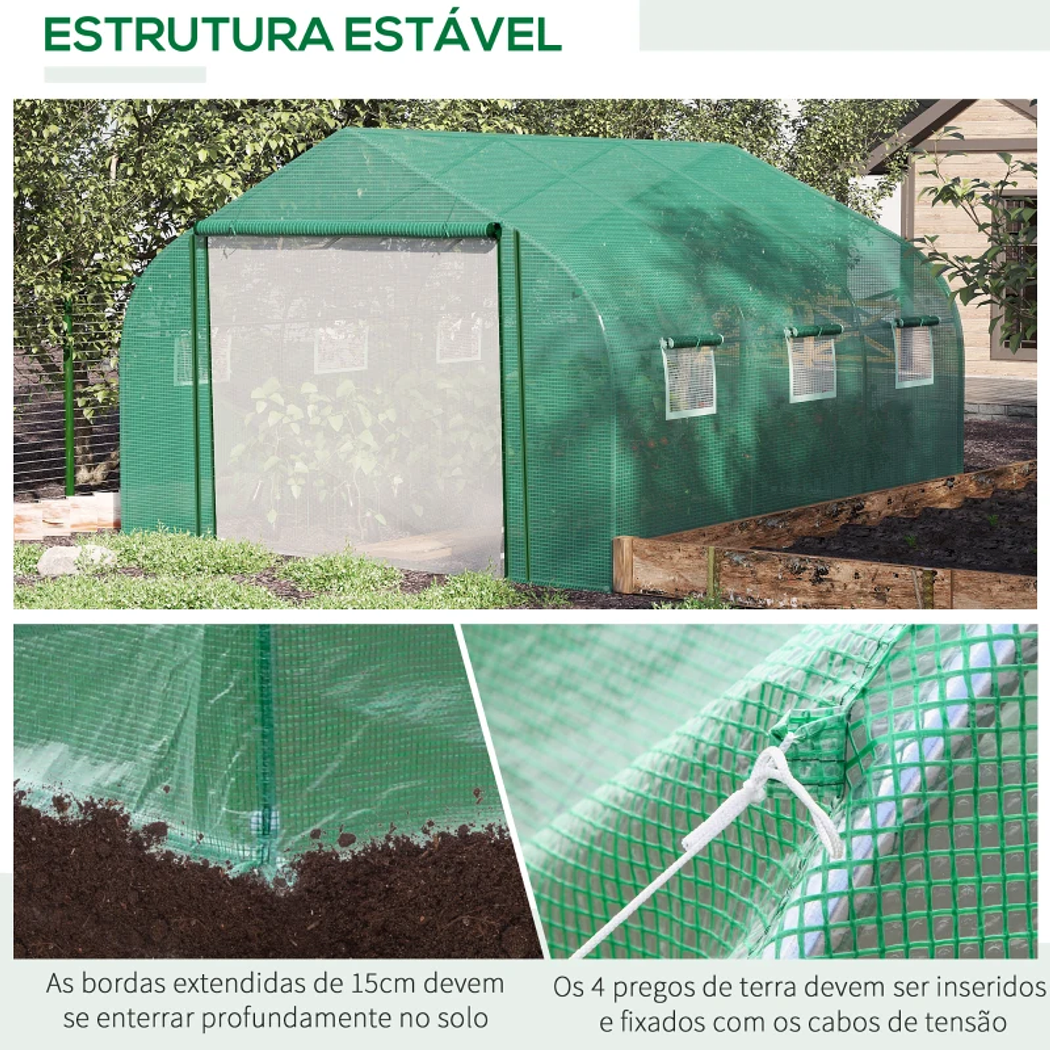 Estufa de Túnel 3,5x3x2m Estufa de Jardim com Porta e 6 Janelas Enroláveis de Polietileno Metal Galvanizado para Cultivos de Plantas Flores Verde 8