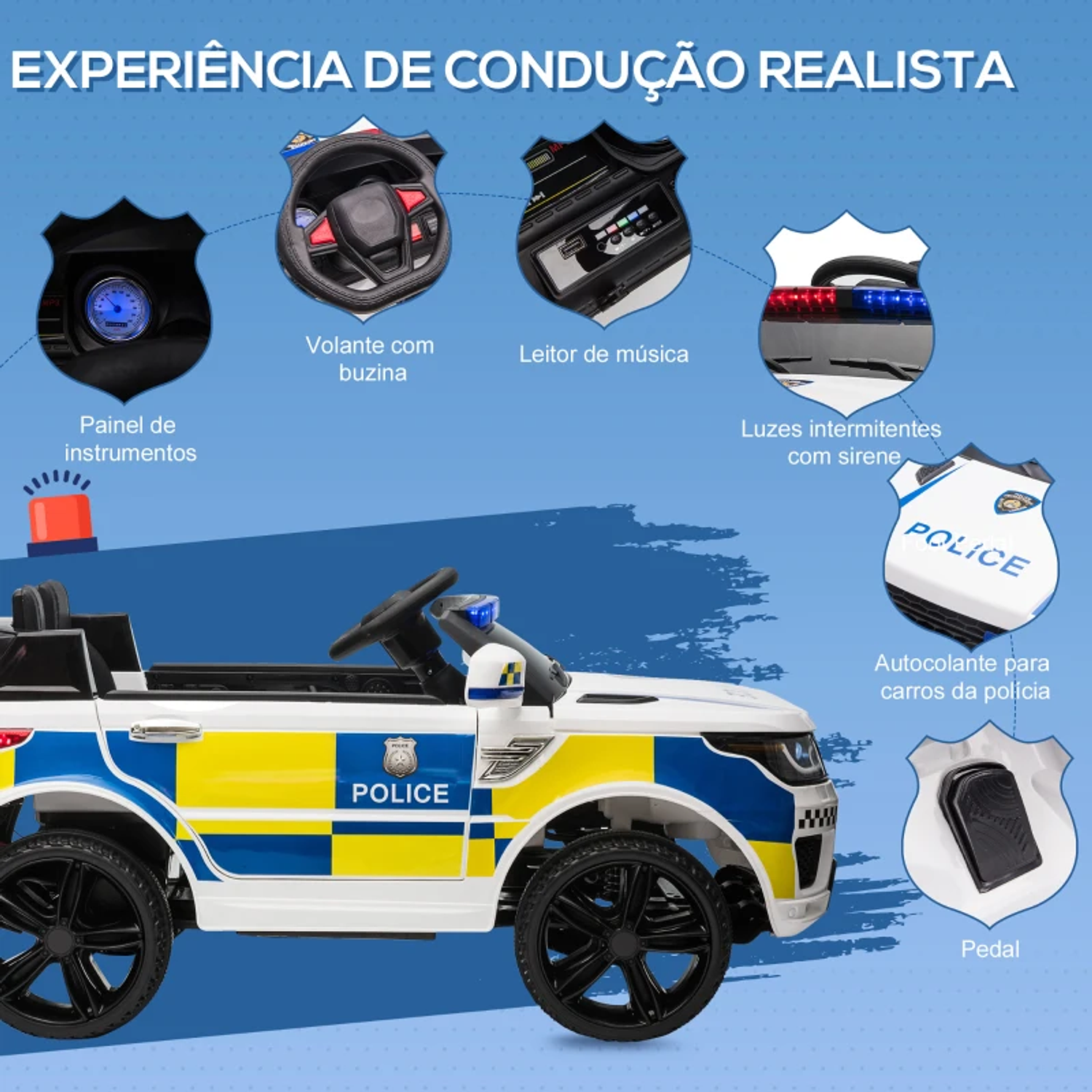 Carro Elétrico para Crianças Carro Elétrico Infantil de Policia 12V com Bluetooth USB Luz Sirene 110x68x52 cm Branco 5