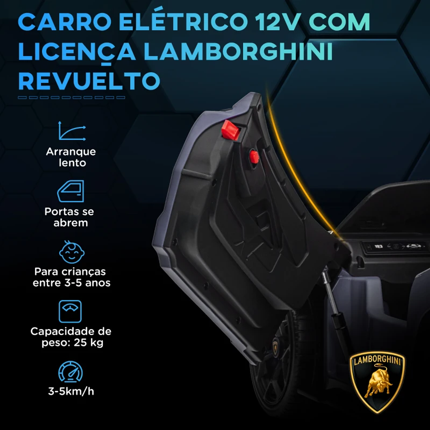 Carro Elétrico para Crianças Carro Lamborghini Revuelto com Bateria 12V Faróis LED e Música 105x60x40 cm 11