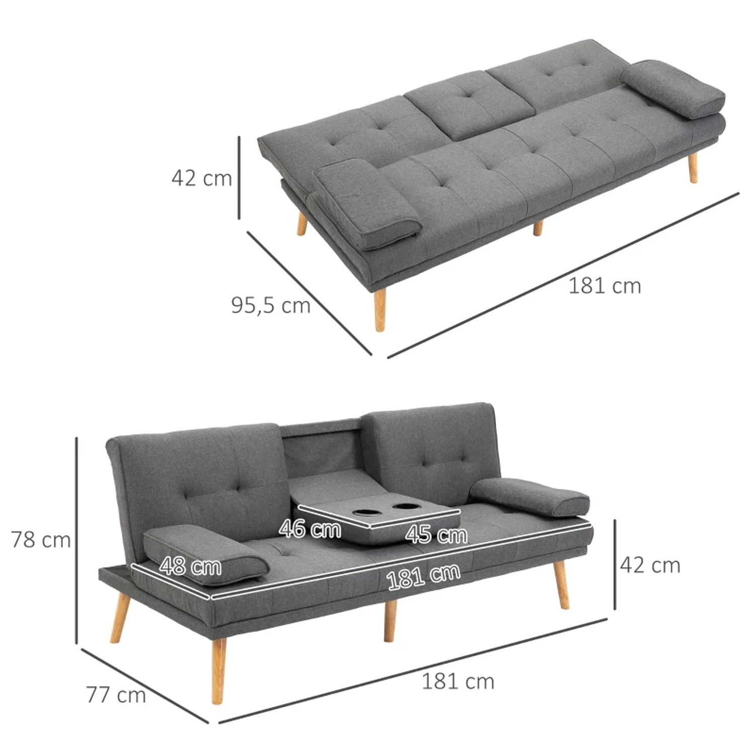 Sofá Cama 3 Lugares com Encosto Ajustável Apoio para os Braços Desmontável e 2 Suportes para Copos 181x77x78 cm Cinza 2