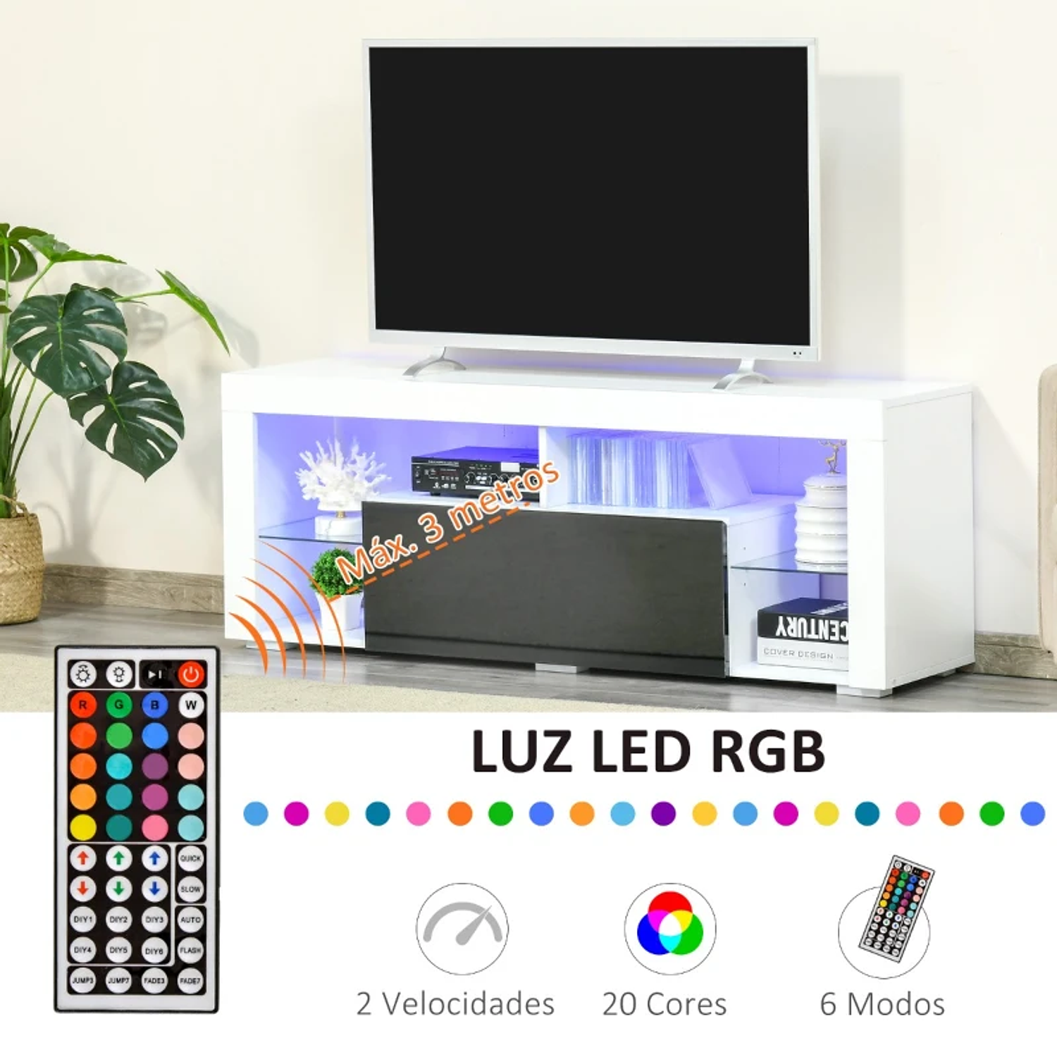 Móvel de TV para Sala de Estar com Iluminação LED 6 Modos de Cores Controle Remoto Gaveta e Prateleiras de Cristal Ajustáveis 140x35x52cm Preto e Branco Brilhante 5