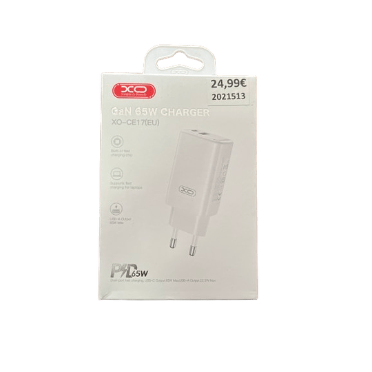 Alimentador USB-A 18W 2.8A / USB-C PD 65W GAN XO