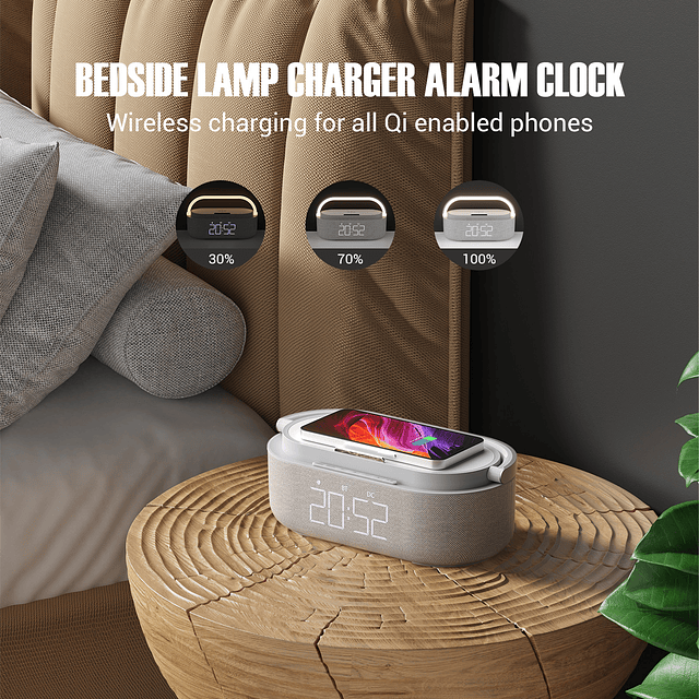 Reloj despertador con altavoz Bluetooth, reloj despertador inteligente,  cargador rápido inalámbrico, máquina de sonido de escritorio, luz de