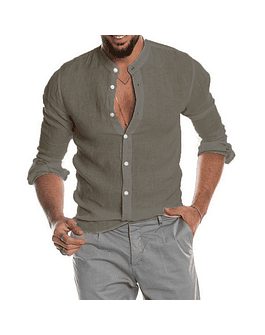 Camisa de lino y algodón para hombre, cárdigan de Color sólido con cuello levantado, blusa informal de manga larga con cuello en V