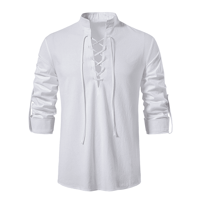Camisas de lino y algodón para hombre, camisa Henley de manga larga de lino, Tops de Color sólido con cuello en V, camiseta informal Y2k con cuello levantado