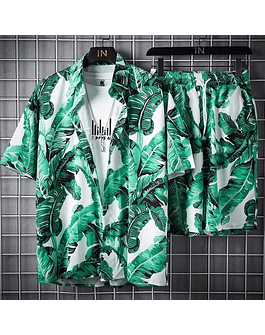 Conjunto de 2 piezas de ropa de playa para hombre, conjunto de camisa y pantalones cortos hawaianos de secado rápido, ropa informal con estampado de moda para verano