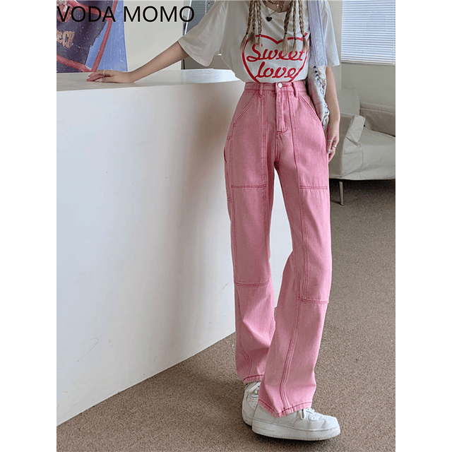 Pantalones vaqueros holgados de pierna ancha para mujer, de cintura alta capris, color rosa, primavera, 2022