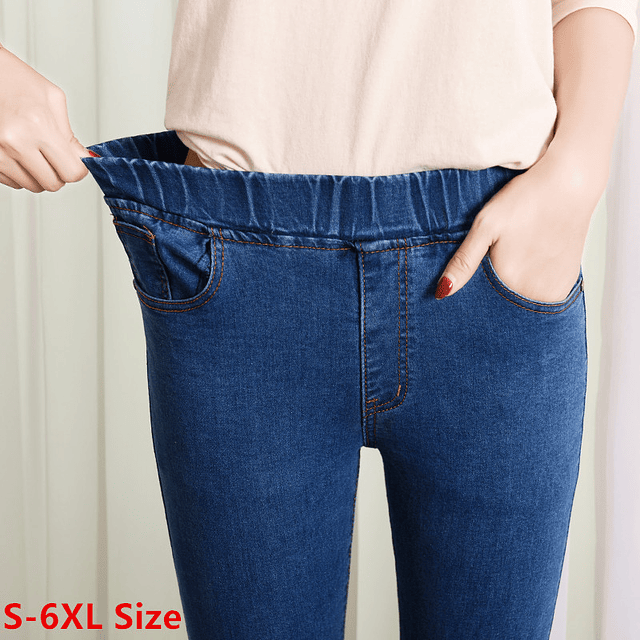 Pantalones vaqueros elásticos ajustados de cintura alta para mujer, Jeans Mom con bolsillo negro y azul, ajustados, 4XL, 5XL, 6XL