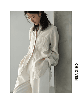 CHIC VEN-camisa de lino holgada para mujer, blusas de manga larga con solapa, abrigo Vintage, ropa de primavera y otoño, 2023