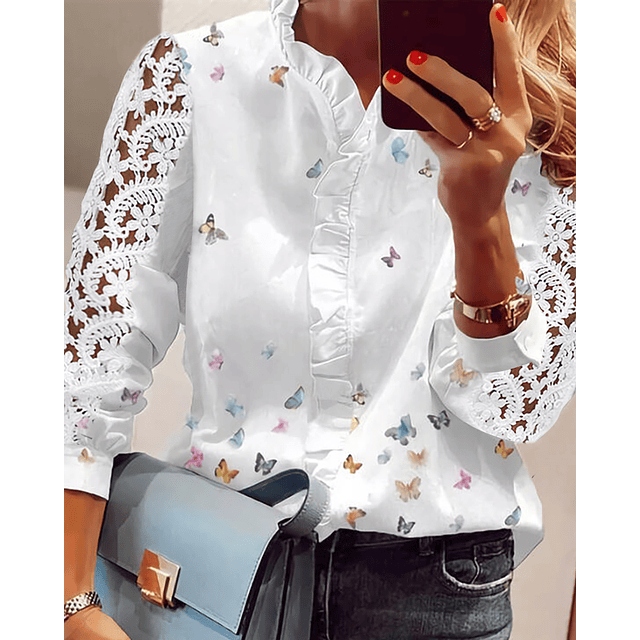 Blusa elegante con estampado de mariposa para mujer, Top informal de manga larga con volantes