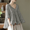 Blusa informal de lino y algodón para mujer, camisa holgada de media manga con volantes y cuello en V, Color liso, estilo Retro, 2022