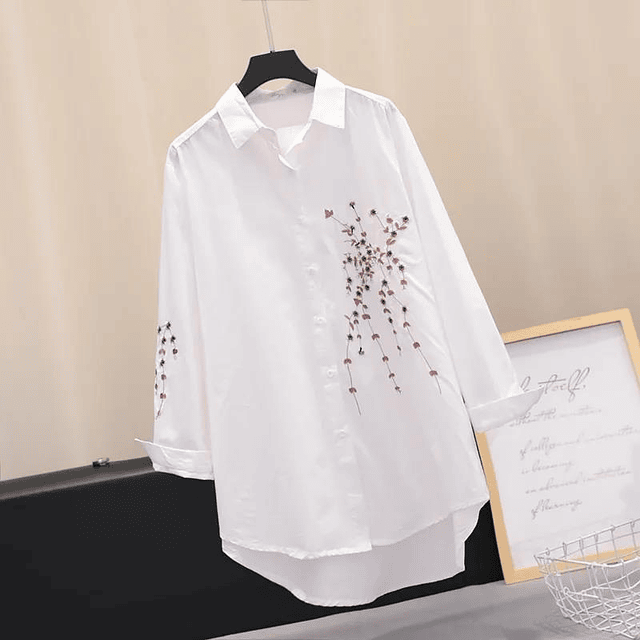 Blusa holgada de algodón con bordado para mujer, camisa blanca larga, informal, para oficina, 4XL talla grande, primavera y otoño, 2022