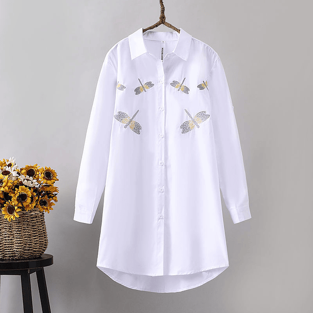 Blusa holgada de algodón con bordado para mujer, camisa blanca larga, informal, para oficina, 4XL talla grande, primavera y otoño, 2022