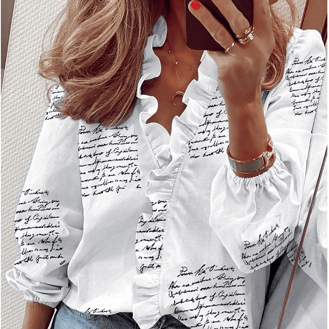 Camisa informal de gasa con volantes para mujer, blusa holgada de manga larga con estampado Floral, color blanco, para oficina, primavera, 2023