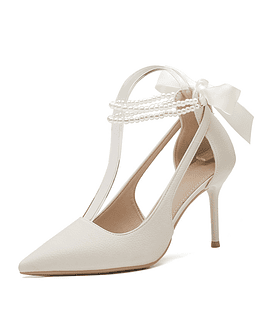 Zapatos de tacón con perlas blancas para mujer, calzado elegante con tira en el tobillo, lazo trasero de seda, Stiletto alto, primavera 2023