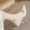 Zapatos de tacón con perlas blancas para mujer, calzado elegante con tira en el tobillo, lazo trasero de seda, Stiletto alto, primavera 2023
