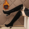 Botas hasta la rodilla de ante para mujer, calzado de moda de Metal, zapatos con cremallera y tacones gruesos, decoración de Metal Y960