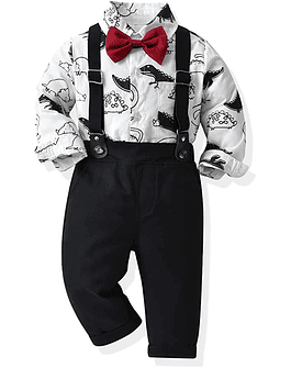 JunNeng Trajes de dinosaurio para bebés y niños pequeños, conjuntos de ropa de caballero, camisa de vestir con corbatín y pantalones con tirantes