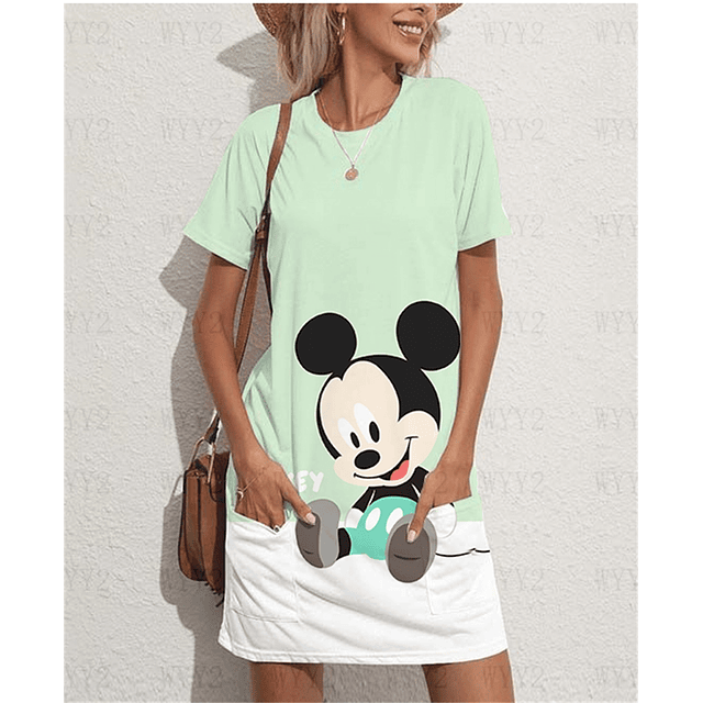 Disney Mischievous-vestido ajustado de manga corta para mujer, estampado de Mickey, informal, elástico, holgado, con bolsillo, Verano