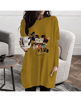 Camiseta holgada con bolsillo para mujer, jersey de manga larga con cuello redondo, estampado de Mickey Mouse de Disney, talla elegante, para uso diario, otoño, 2022