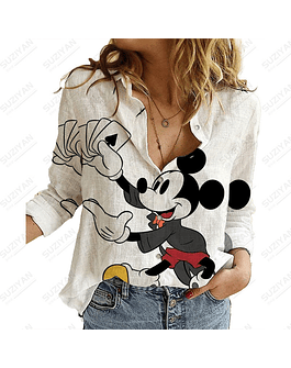 Camisa de manga larga para mujer, blusa elegante con cuello vuelto, camisas informales de Disney y Mickey