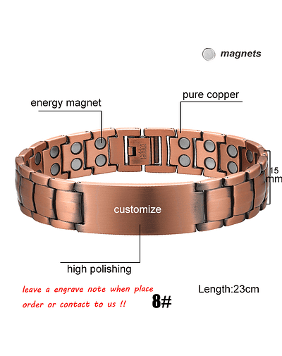 Pulsera magnética de cobre, brazalete de energía, presión arterial, imanes 8