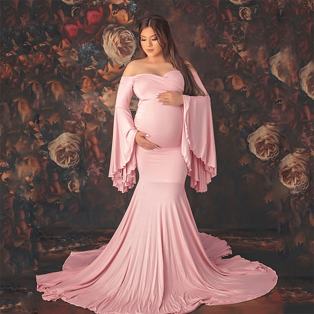 Vestido largo de maternidad sin hombros para sesión de fotos, ropa de maternidad, Sexy, bohemio, Mangas de campana, maxivestido de sirena para el embarazo