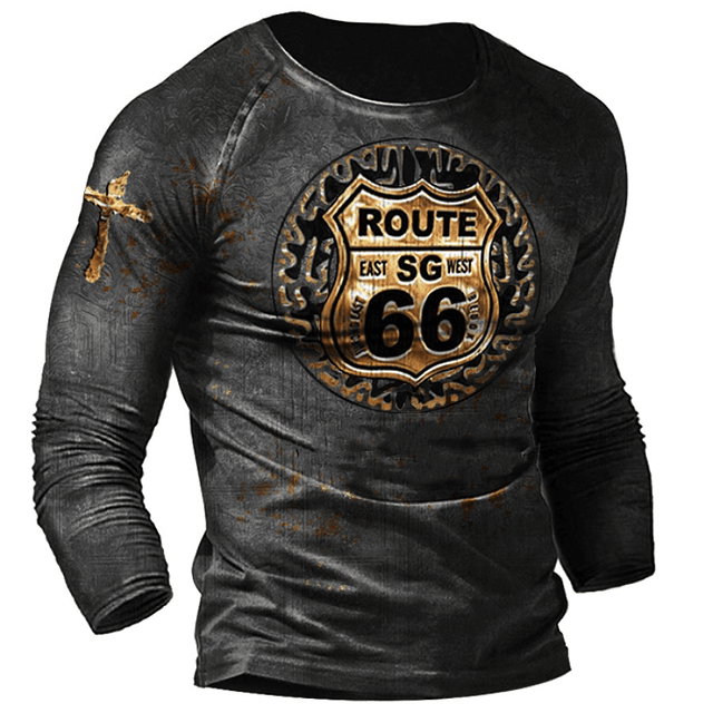Camiseta Vintage Ruta 66 manga larga, 100% algodón 3D