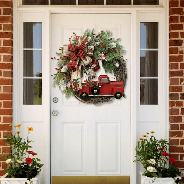 Corona de Navidad de camión rojo, colgante de puerta delantera