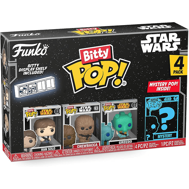 Funko Bitty Pop! Star Wars Mini juguetes coleccionables - Figura de Han Solo, Chewbacca, Greedo y Mystery Chase (los estilos pueden variar) paquete de 4