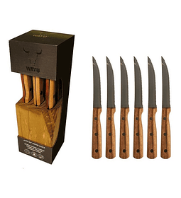 Set De 6 Cuchillos Premium Wayu + Base Madera Cocina Asado